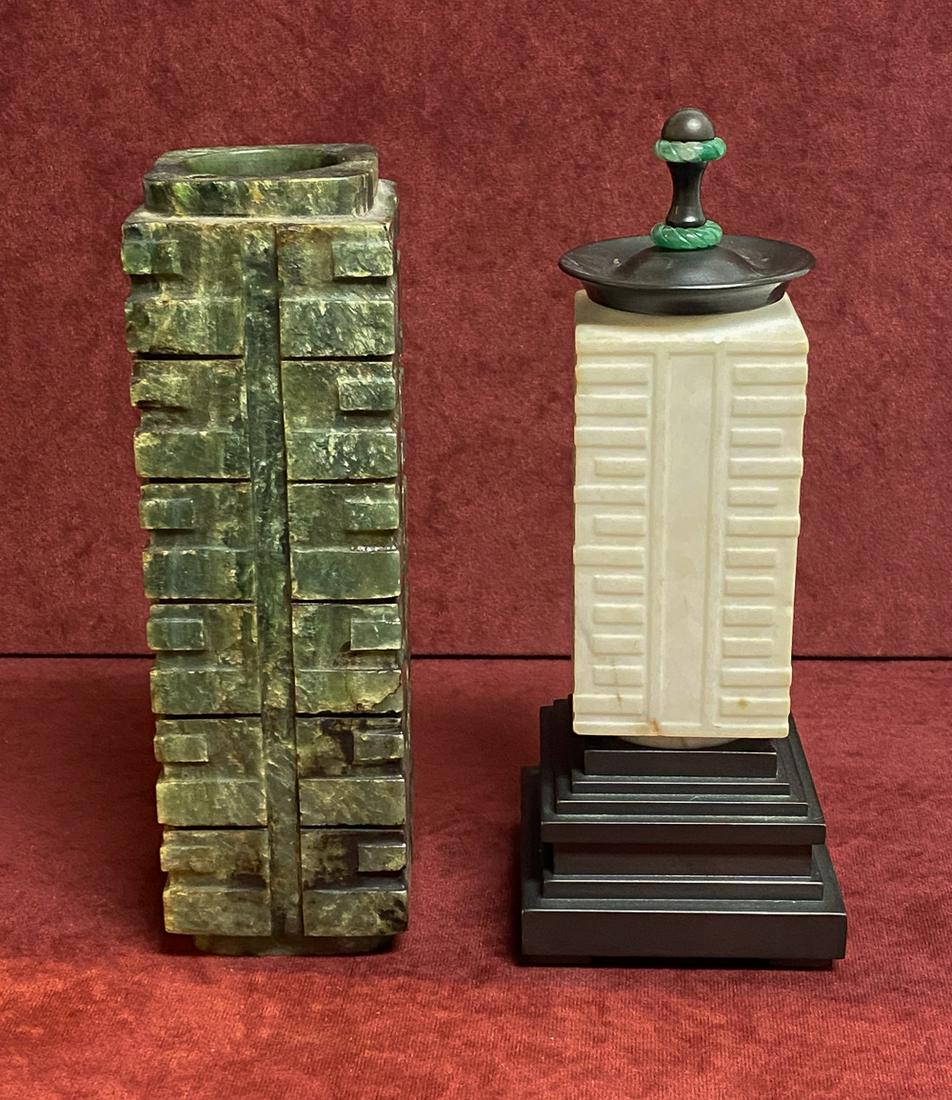2 Cong Style Chinese Vases In Jadeite: Very Good Condition, One With A Custom Base By Atelier Gremillion. Tallest Is 12 High.