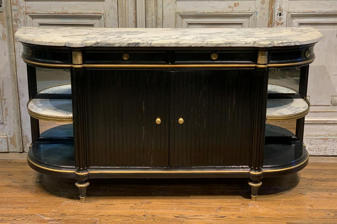 19th Century French Directoire Buffet: Black Lacquered With Marble Top. 40.5h X 79w X 25d. See Photos For Some Cracks To Marble Shelves and Other Spots of Loss.