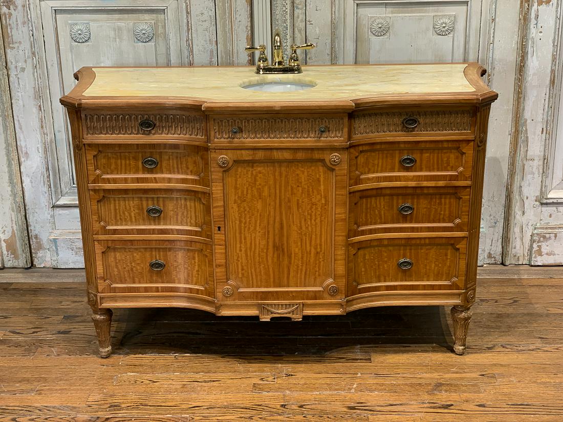 French Commode Fitted As Lavatory: 20th Century With Inset Marble Top And Fitted With Sink. 54w X 23d X 34.25h. See Photos For Condition.