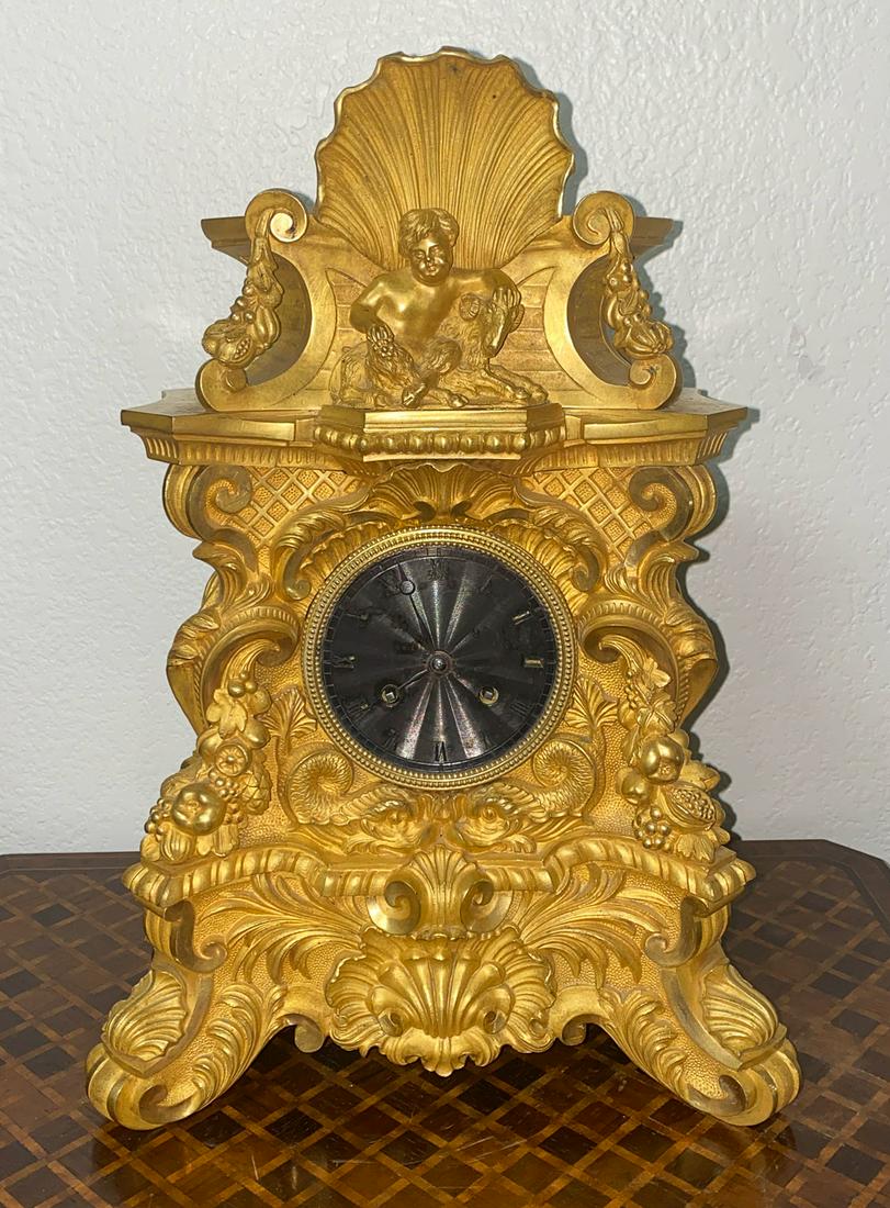 Nicely Cast French Mantel Clock, 19c: 15x11x7. Patinated Face Needs Cleaning. Clock Will Chime, Though Actual Ability To Keep Time Is Unknown. See Photos For Included Elements. See Photos For Overall Good Condition. Clock Parts Are Not Gu