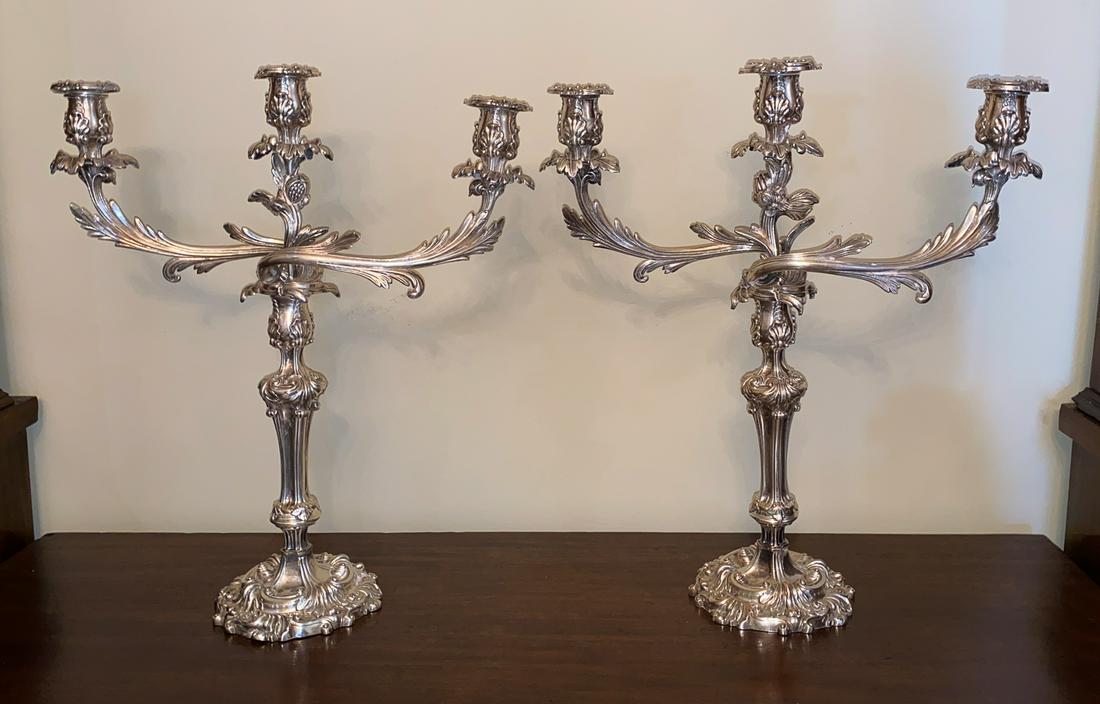 Pair Of Victorian Candelabra: English Silverplate, 20.5 X 18. See Last Photo Of One Base Showing Age Separation.