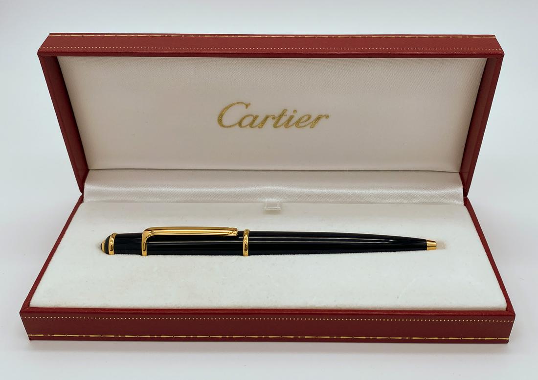 Cartier Diabolo Writing Instrument With Cobalt Crown: Signature Cobalt Crown. Inspect Photos For Very Slight Microscratches to Pen. Retractable. Good Used Condition, No Tarnish To Naked Eye.