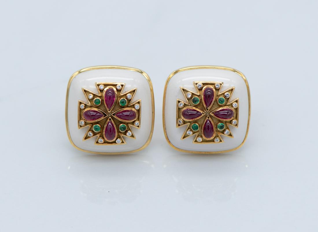 Verdura Cocholong Maltese Cross Ear Clips: 39.8 Grams, Approximately 4 Carats Cabochon Rubies/.70 Carats Diamonds. Properly Marked And In Very Good Condition.