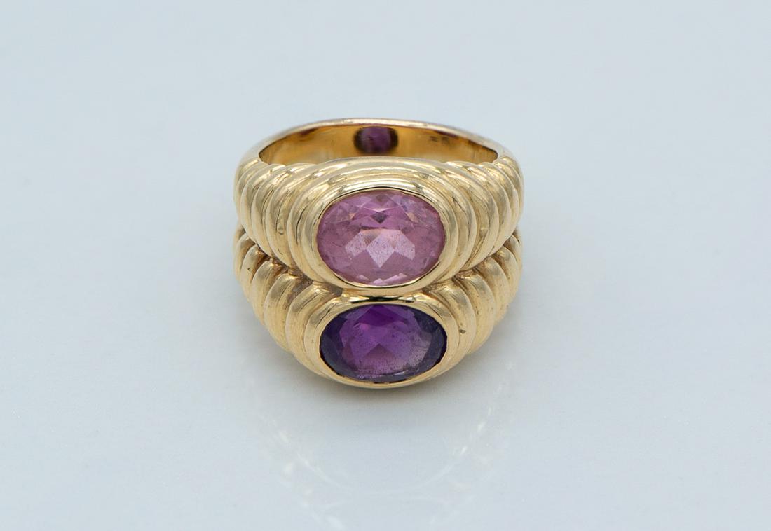 Bulgari Double Ring Pink Tourmaline & Amethyst: 18k, 19.8 Grams (see Photos For Chip To Stone and some dings to gold). Marked Bvlgari. Size: 5.5.