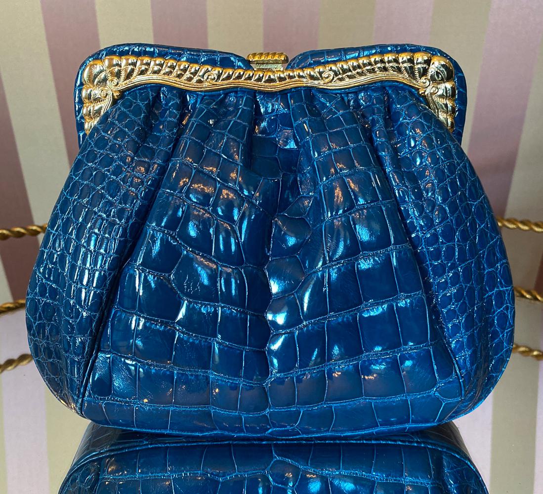 Judith Leiber Shiny Blue Alligator Bag: Nice Saturated Color. Very Good Condition As Pictured. In Original Box With Dustbag.