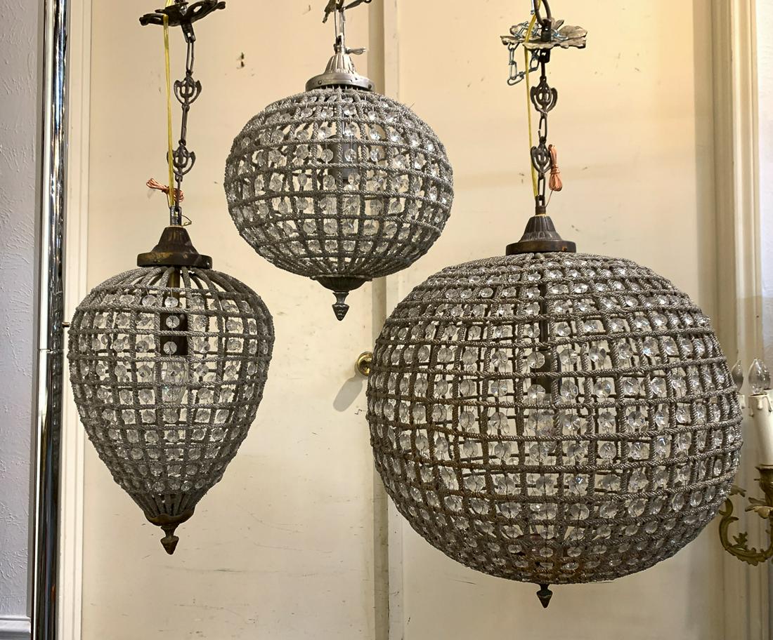 Group Of 3 Beaded Pendant Fixtures: All Recently Cleaned And Re-wired. 20th C. 19 Diameter Largest.