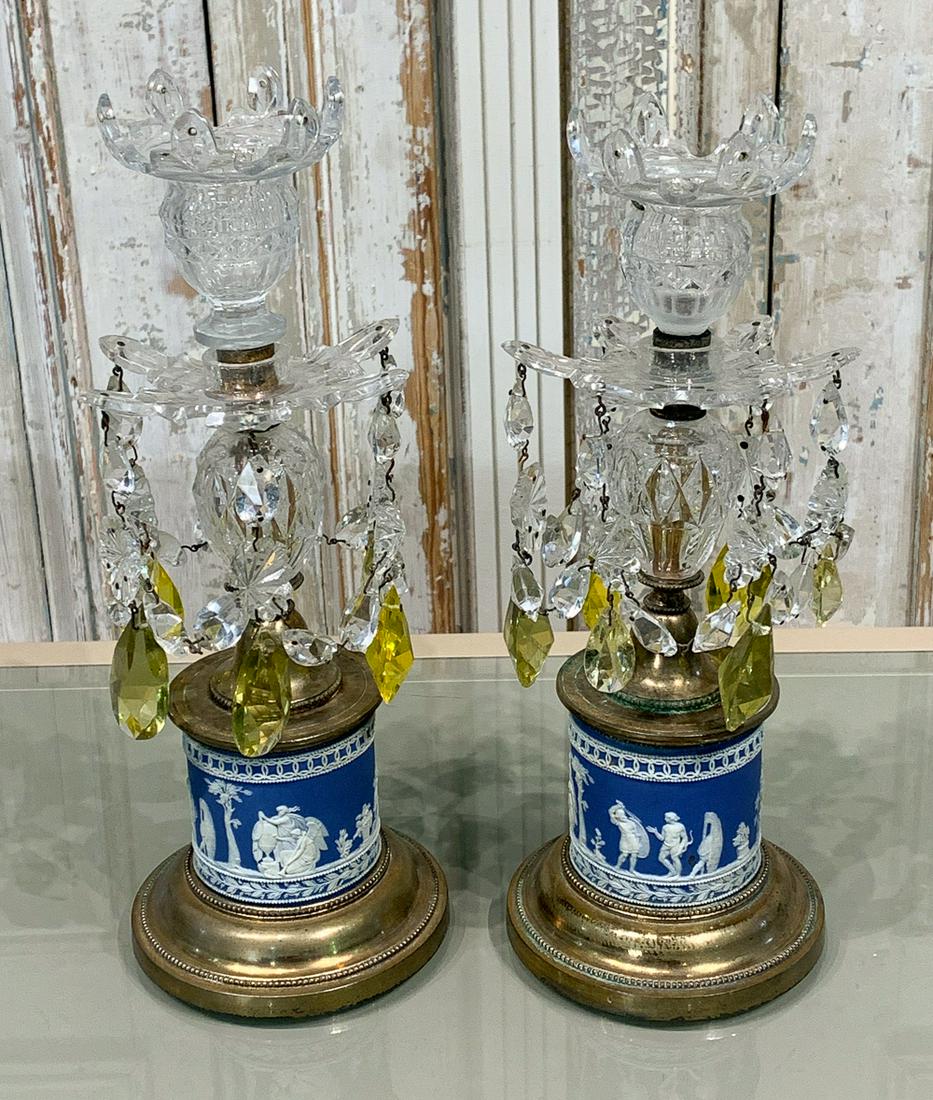 Small Pair Of Wedgwood And Crystal Candelabra: Each 15.5h X 4.5w. See Photos For Condition. One Crystal Candle-cup Has Been Repaired.