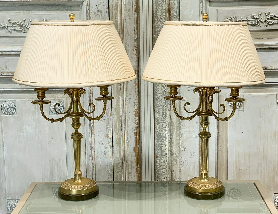 Antique French Gilt Bronze Candelabra As Lamps: The Pair With Custom Silk Shades. Each 26h X 17.5w Overall With Shade As Shown. In Working Condition At Time Of Photography, But Not Guaranteed.