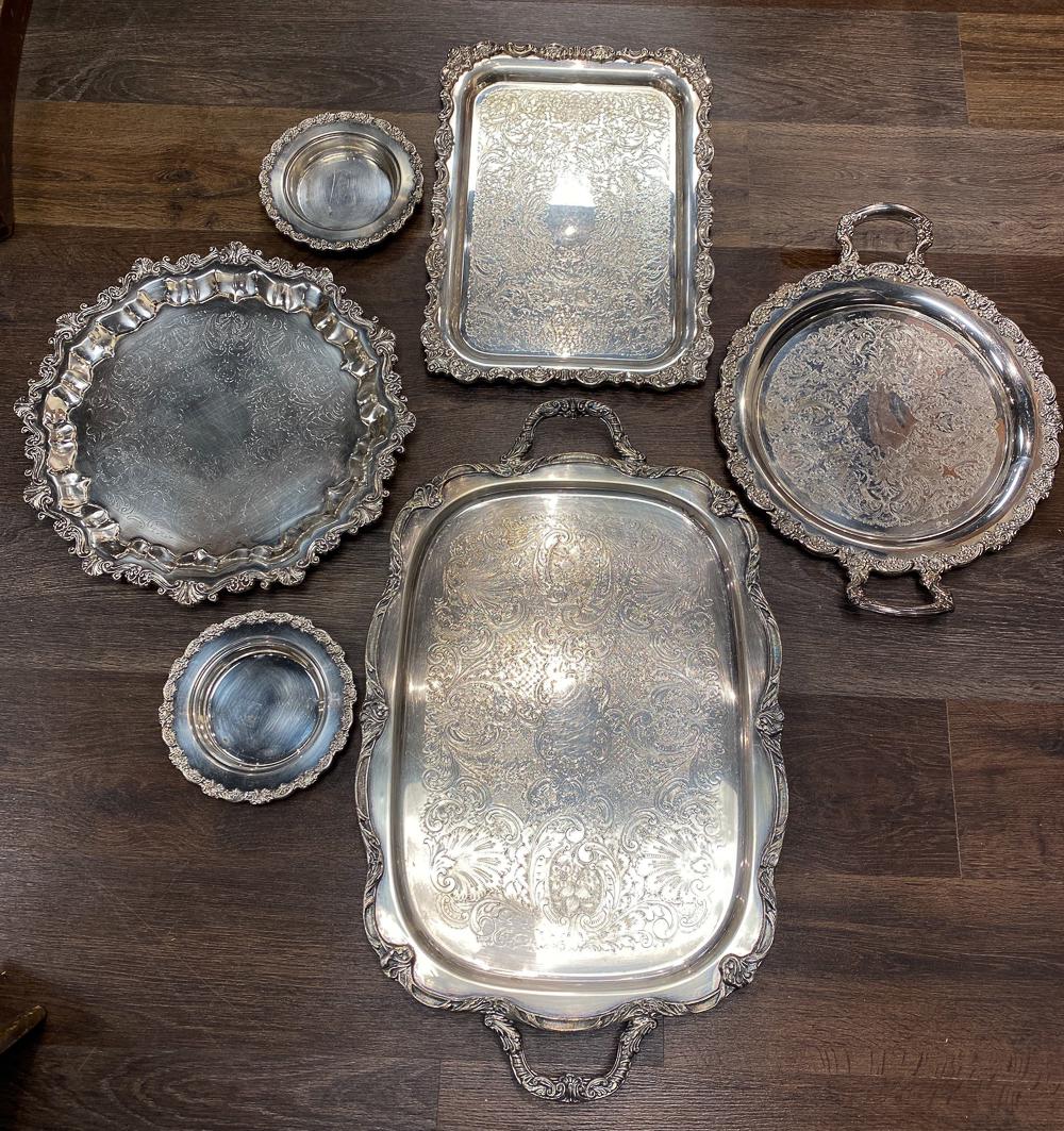 Lot Of 6 Nice Silverplate, Trays And Salvers: Two Salvers And 2 Trays, And 2 Wine Coasters. Smallest Tray Marked Baroque Wallace. See Photos.