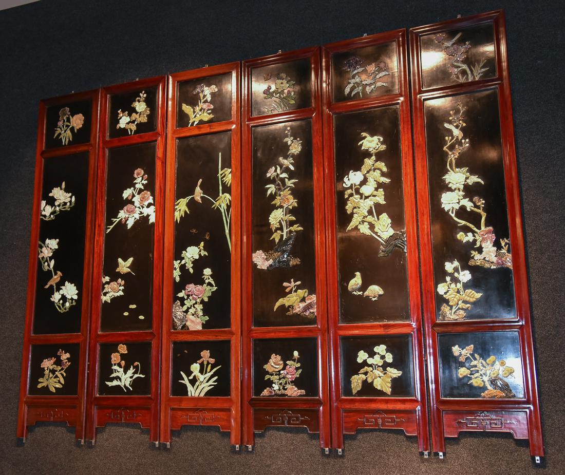 Chinese Gemstone Encrusted Black Lacquer Screen: Six Panel Screen. See Photos For Minor Losses And Scuffs. Each panel is 16 x 72 1/4. 4270