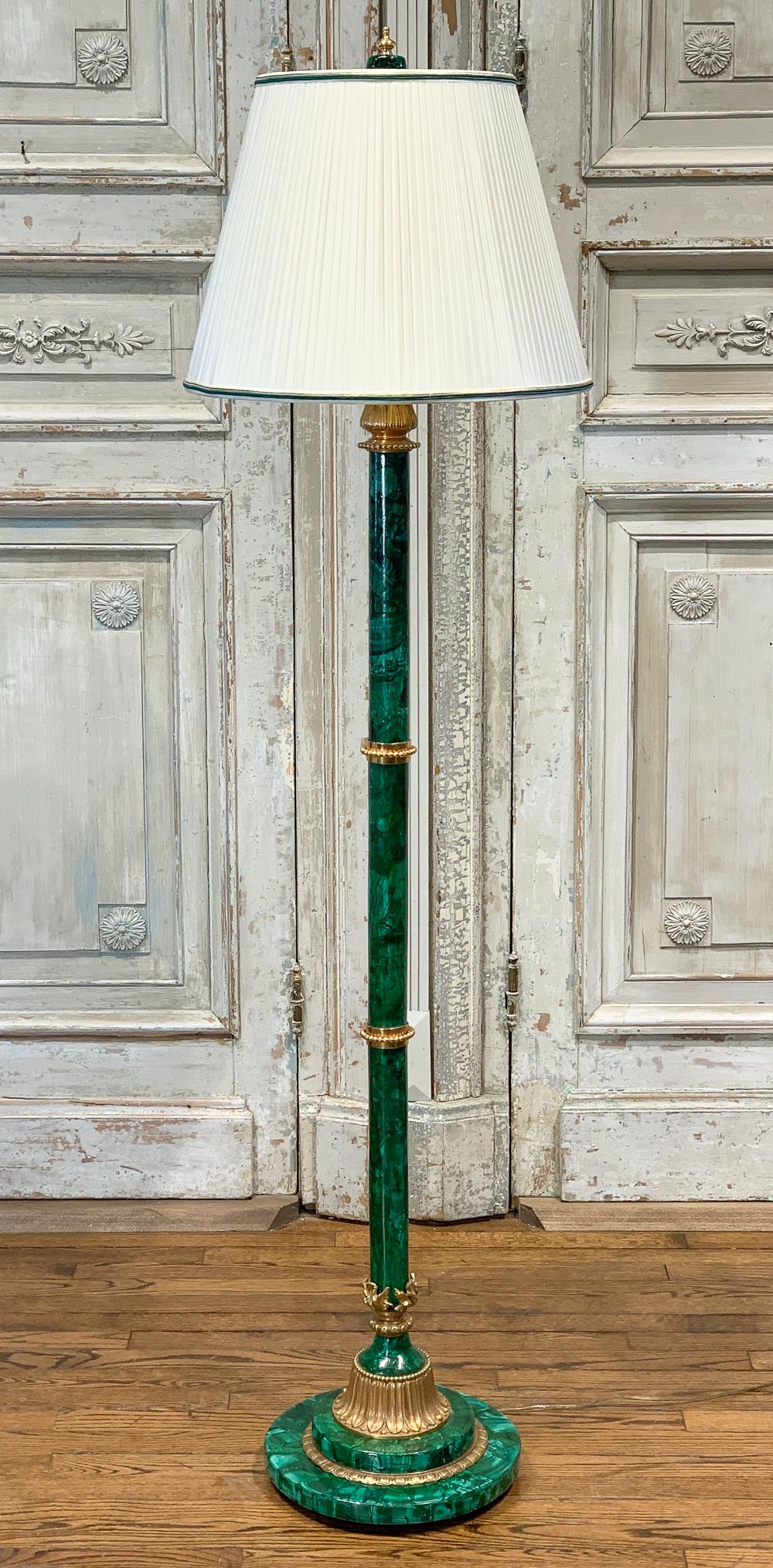 Malachite And Gilt Bronze Floor Lamp: 20th Century With 3-lights And Silk Shade. In Working Condition. 67.5h X 18w Overall With Shade.