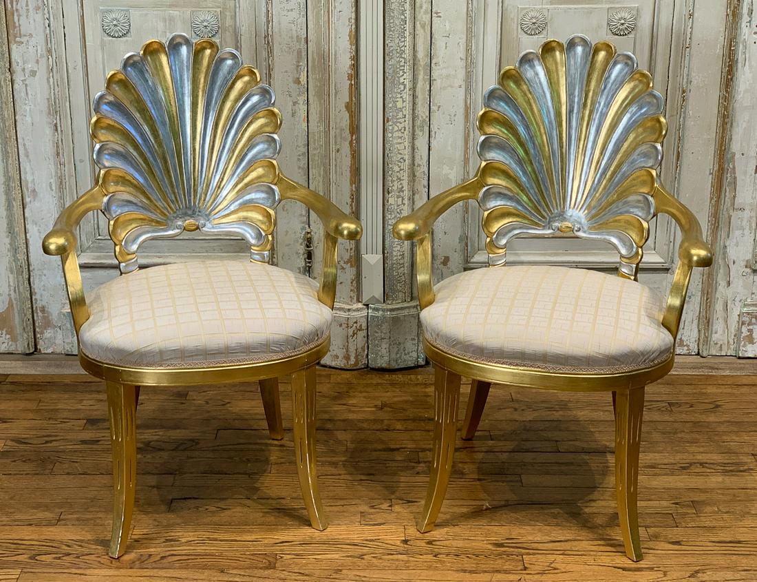 Contemporary Gold And Silver Leaf Armchairs: With Shell Form Back Splats. 25d X 25w X 39h. See Photos For Good Condition.