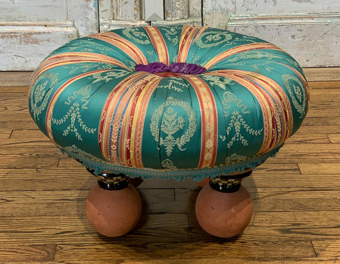 Mackenzie Childs Custom Foot Stool: With Silk Upholstery And Painted Terracotta Feet. See Photos For Stains To Upholstery. 22w X 14h