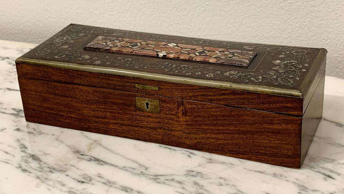 Antique Pietra Dura Box With Specimen Marble: Abalone And Brass Inlays With Inset Specimen Marble Plaque. 11.5w X 4d X 3h. See Photos For Typical Antique Condition.