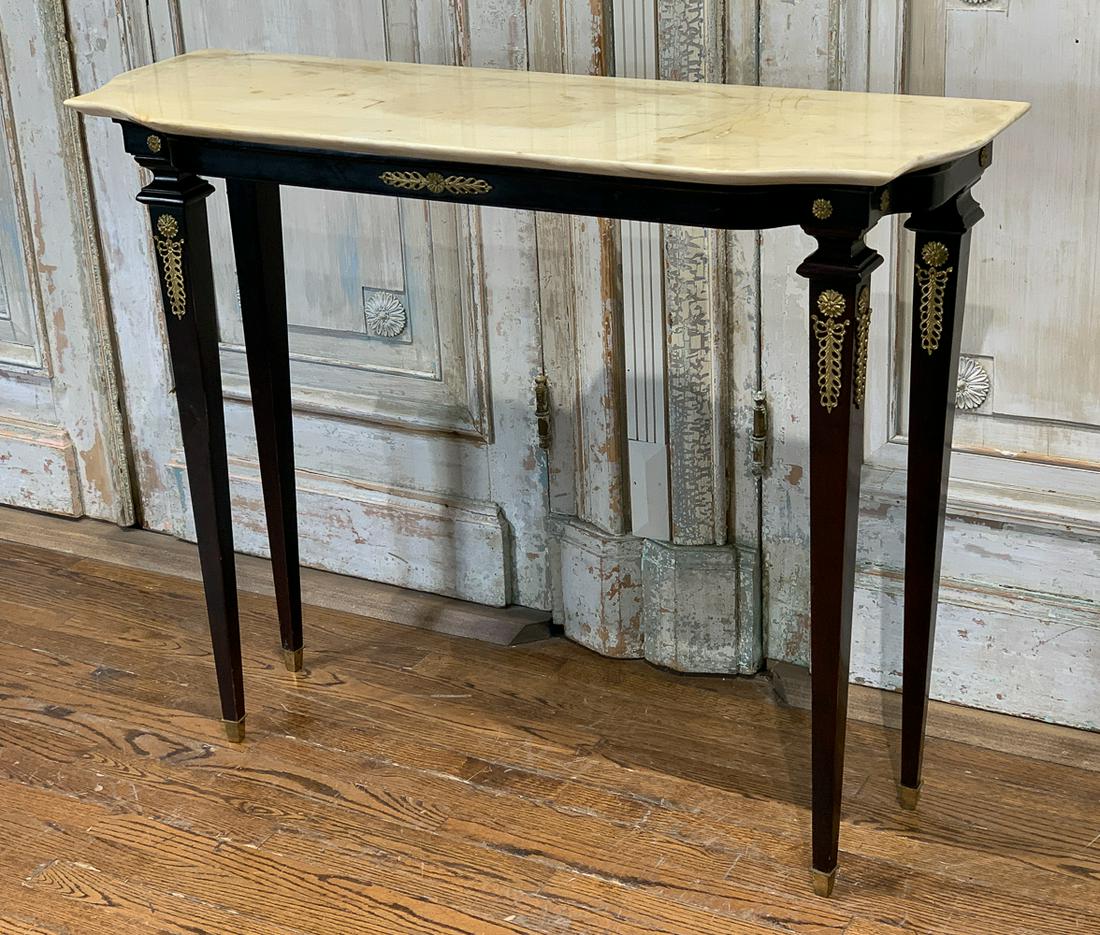 Slim French Marble Topped Console: 20th Century With Gilt Mounts. 42w X 14d X 34.25h. Will Be Sturdiest If Secured To Wall As Legs Are Thin And Long. Marble Needs Polishing.