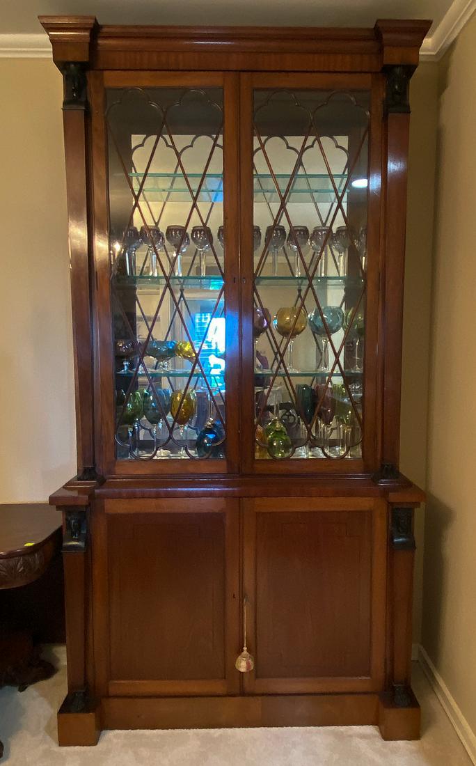 American Neoclassical Glass-front Cabinet: 50.5 X 97 X 18 1/2 See Photos For Overall Good Condition With Typical Wear From Age And Use. Cabinet Is In 2 Parts And Surrounding Trim Will Need To Be Reglued When Assembled. Easy Fix.