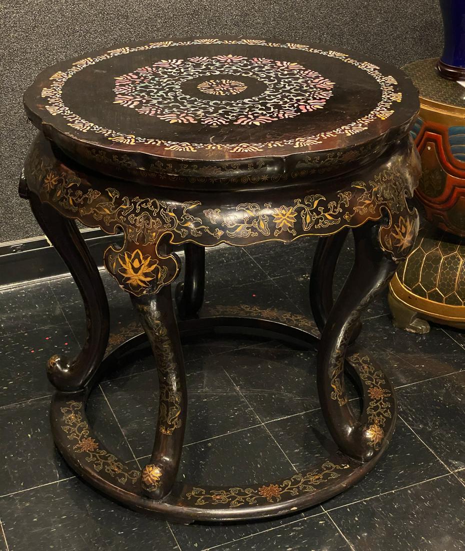 A Chinese Black Lacquered Center Table: With Round Scalloped Edge Top Inlaid With Mother-of-pearl Medallions. Good Condition With No Major Losses, typical craquelure to top commensurate with age. Some scuffing to legs as evident in photos. 