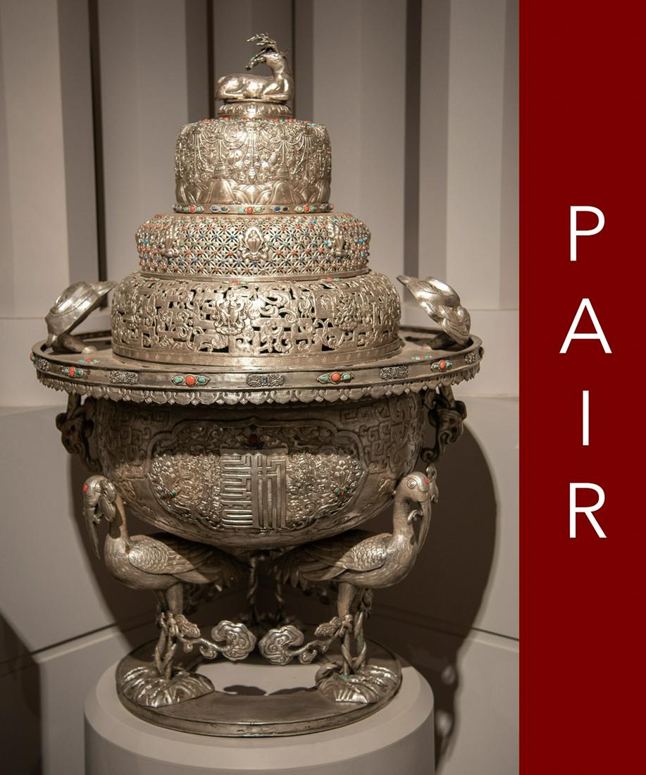 Silvered Copper Incense Burners With Hardstones: Sino-mongolian, Embellished With Carved Jadeite Plaques And Thodarpana Mani (man-crafted). Cabochons Of Turquoise, Coral, Gold-stone And Lapis Lazuli. Some Stones Missing, Some Cracked. Reticulated Ar