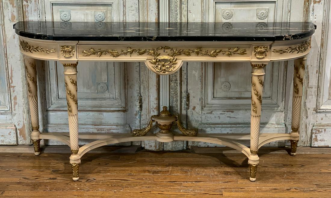 French Parcel Gilt Marble Topped Console: 20th Century Carved Demi Lune Console With Gilt Detailing. 20.25d X 74.75w X 36h. See Photos For Overall Good Condition, Some Flea Bites To Marble Edges. Some Typical Loss To Gild Commensurate With Ag