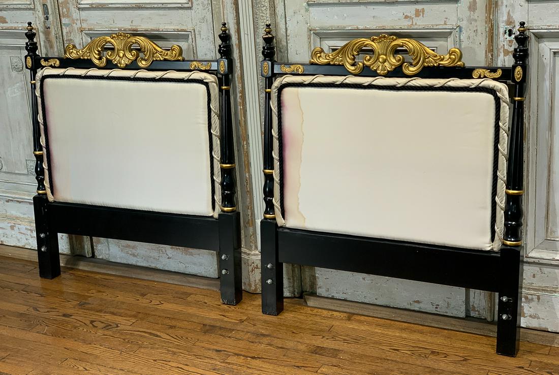 Pair Of French Style Twin Bed Headboards: Black Lacquered And Parcel Gilt. Each 39.25w X 45.25h. See Photos For Condition.