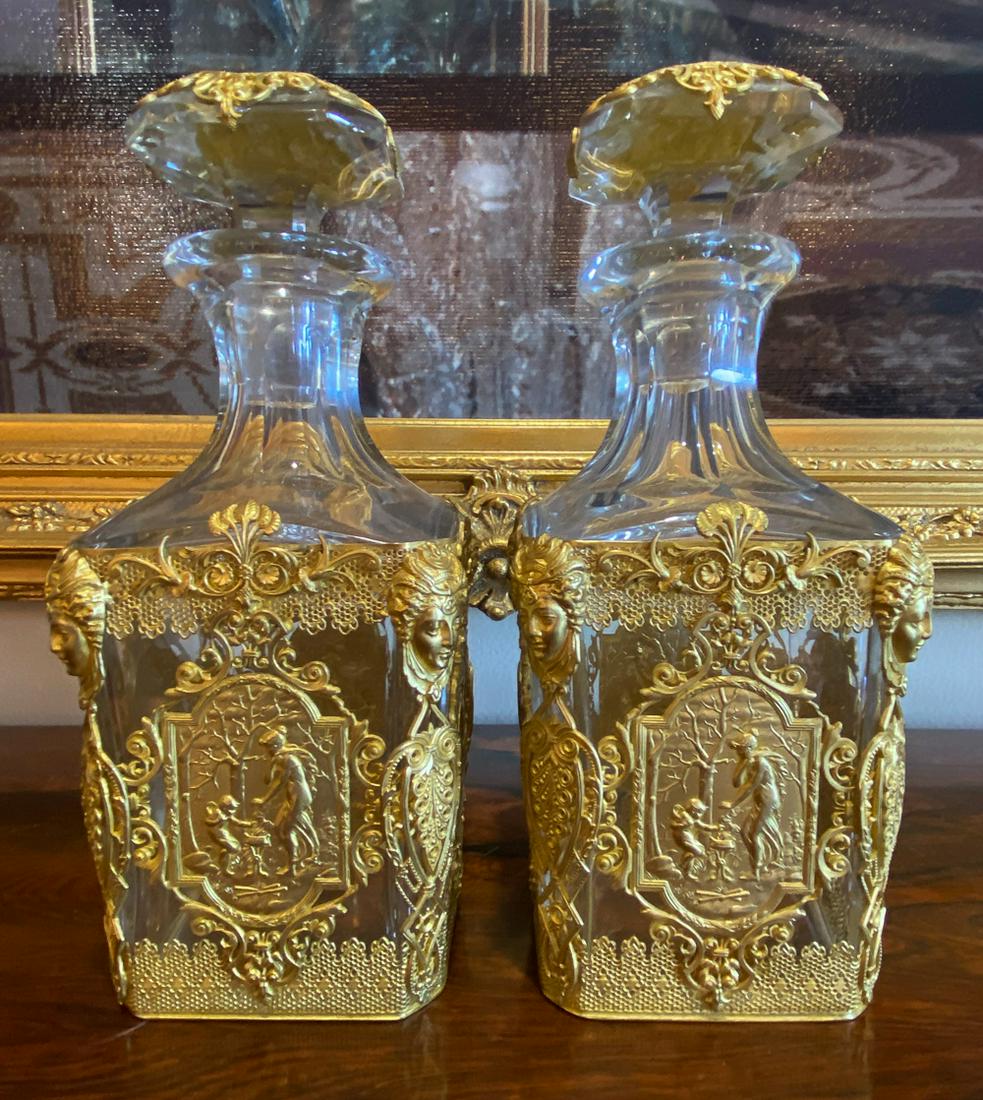 Baccarat, Pair Of Ormolu Decanters: Rare And Beautiful Pair. 8.5 High, No Chips, Properly Marked.