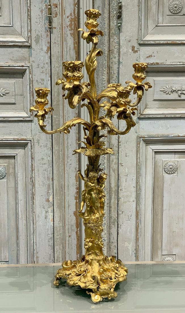 Important 19th C. French Dore Bronze Candelabrum: Finely Cast Single Candelabra With Animals And Putti. 34.75h X 14.5w X 14.5d. Very Good Condition With Some Age Showing To Finish At Base.