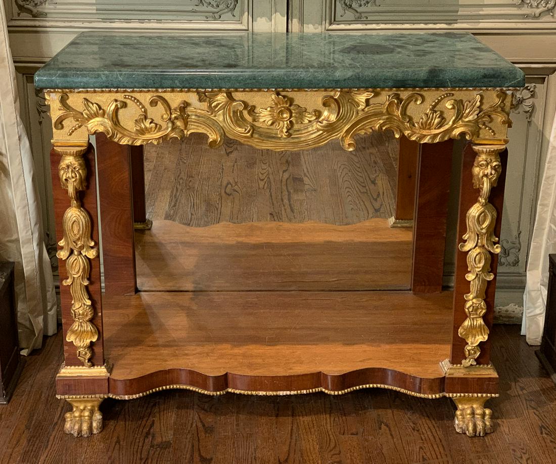 Italian Carved Giltwood Marble Console: 20th Century With Water Gilt Mounts And Frieze, Mirrored Back. 48w X 24.5d X 40.25h