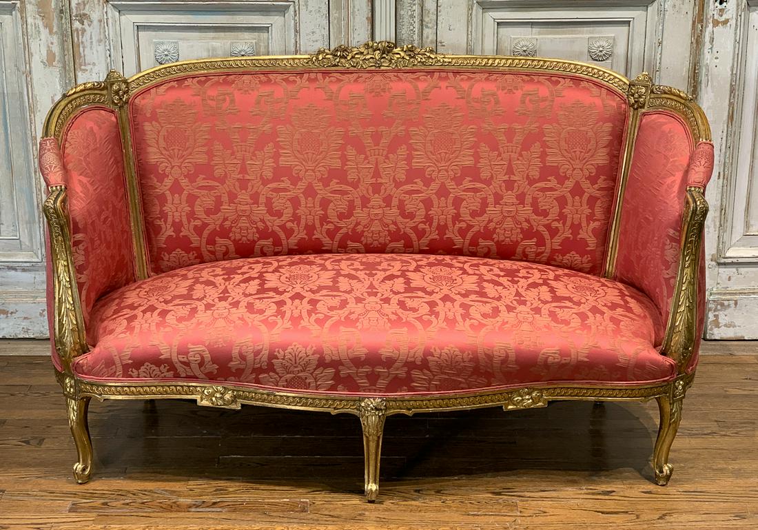 19th Century French Giltwood Settee: Hand Carved And Water Gilt. 40h X 68w X 33d. Overall Very Good, Clean Upholstery.