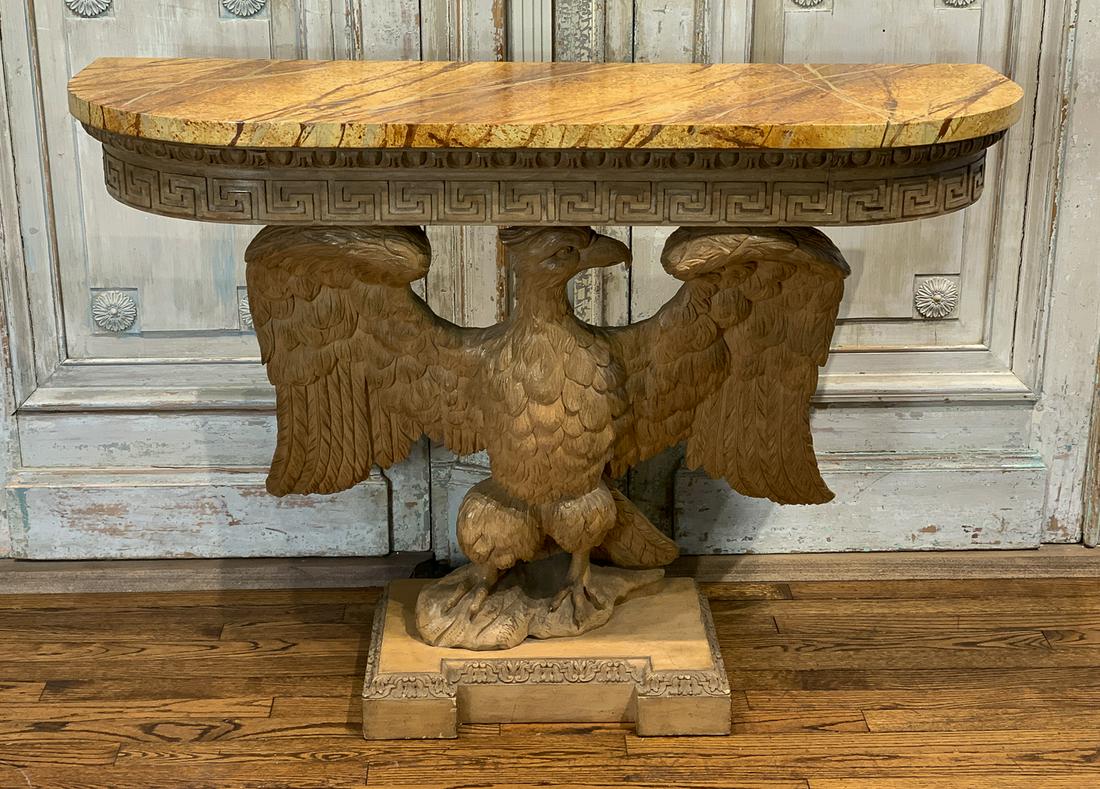 Carved Eagle Demilune Console: With Painted Faux Marble Top. 33.25w X 30h X 12d. Best Against A Wall Or Stable Object.
