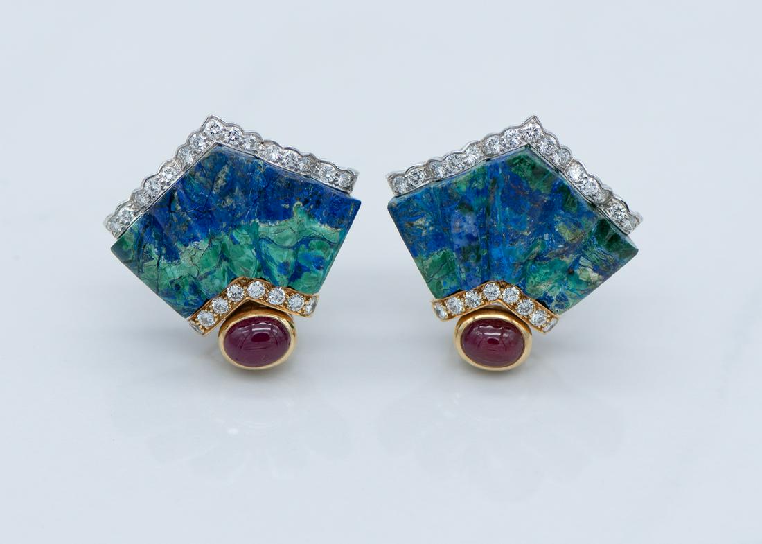 David Webb Azurmalachite Ear Clips: Likely One-of-a-kind By Webb In Azurite / Malachite. Cabochon Rubies And Approximately 2 Carats Of Diamonds, 47.1 Grams. Mouse Over Image to See Slight Chip to The Side of One Ruby. Top Edges of Azurm