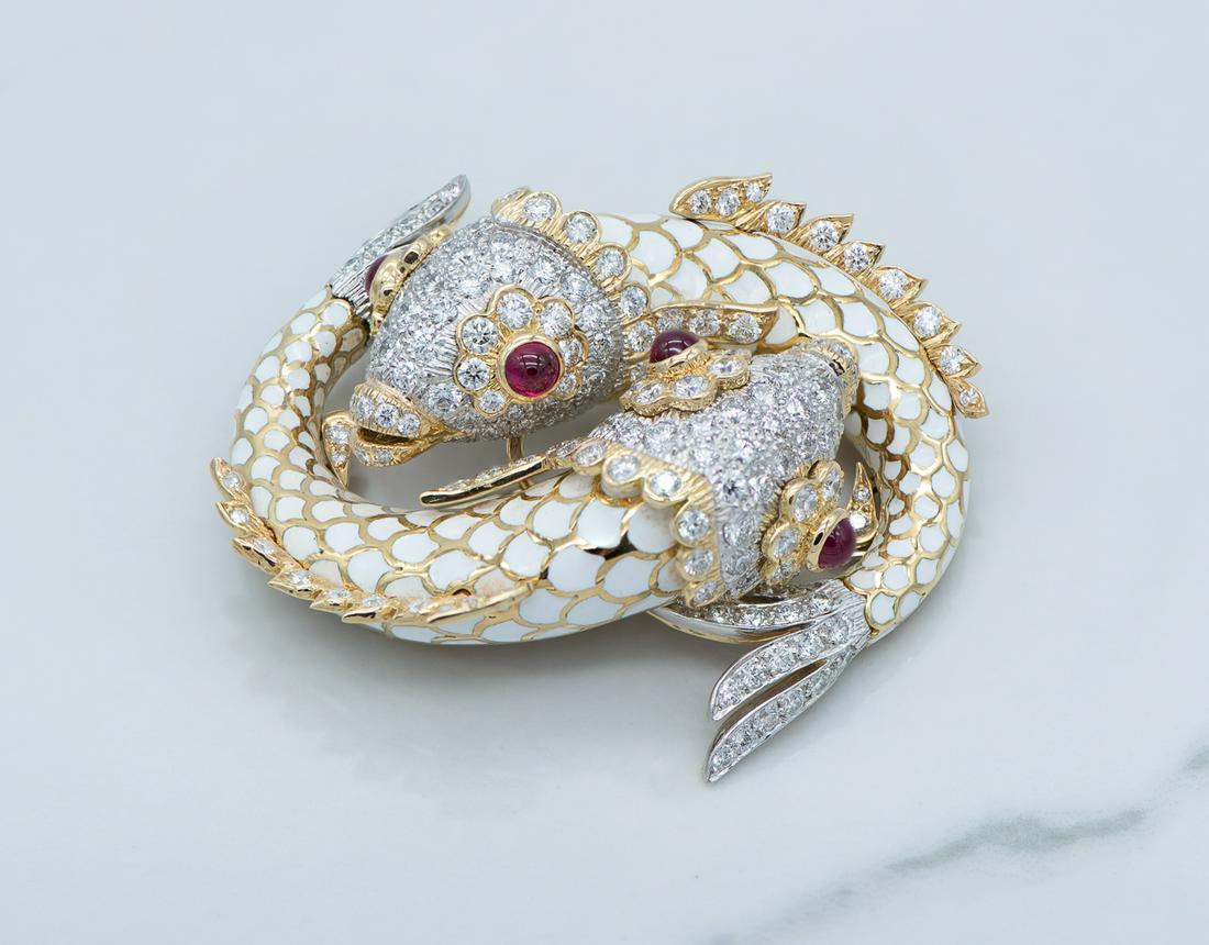 David Webb Rare Enamel And Ruby Pisces Brooch: Brilliant Double Fish Clip Pin In Original Box. 71.9 Grams, Approximately 5.80 Carats. Properly Marked. Only One Other For Sale In Blue And Retail Is $68,000.