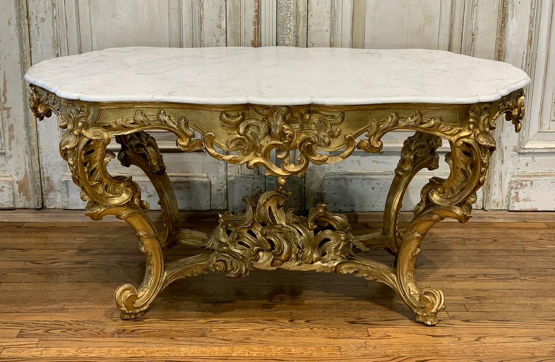 Fabulous Louis XV Style Center Table: With White Marble Top. Very Good Antique Condition. 64x36x29h. circa 1855.