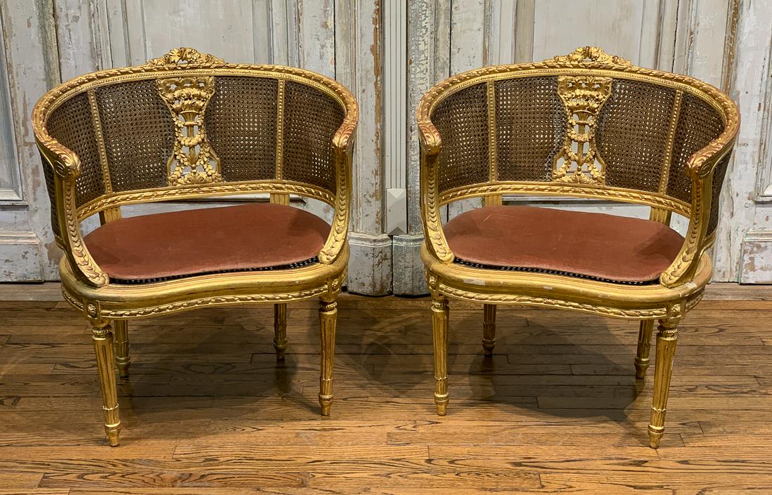 Nice Pair Of French Giltwood Bergeres: 19th Century Carved And Caned Marquises / Armchairs. Each 32h X 28.5w X 22d. See Photos For Typical Loss To Gilding And A Few Touch Ups. Overall Nice Pair.
