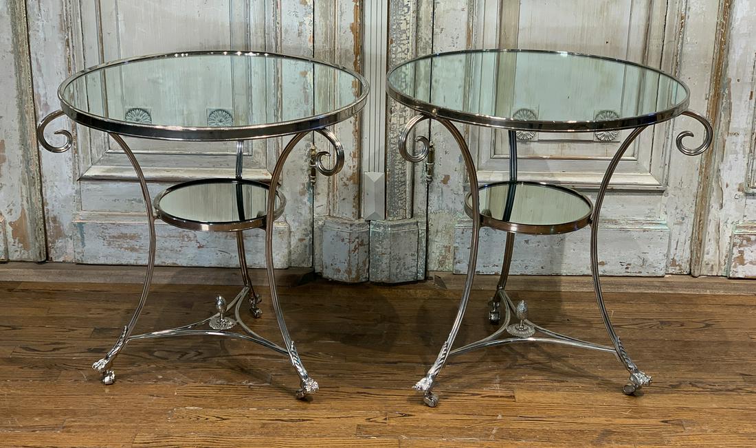 Companion Pair Of French Gueridon Tables: 20th Century With Silvered Finish And Mirrored Tops. Each Top 27w. 28h And 29h Respectively. Very Good Condition.