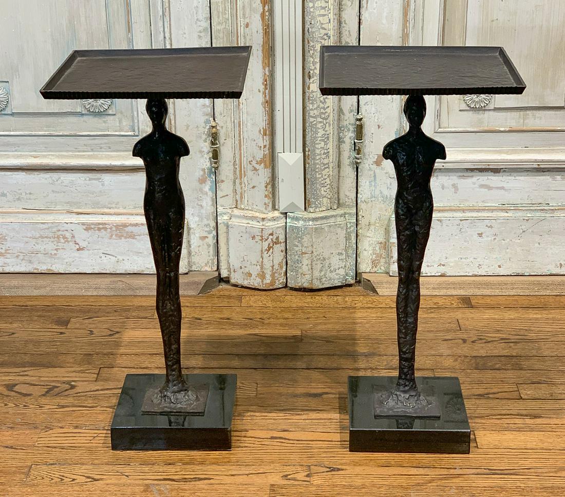 Pair Of Bronze Figural Tables, Man And Woman: 20th Century On Granite Bases. Great As Drink Or Cocktail Tables, Or As Pedestals. 12.25w X 10.5d X 27.25h.