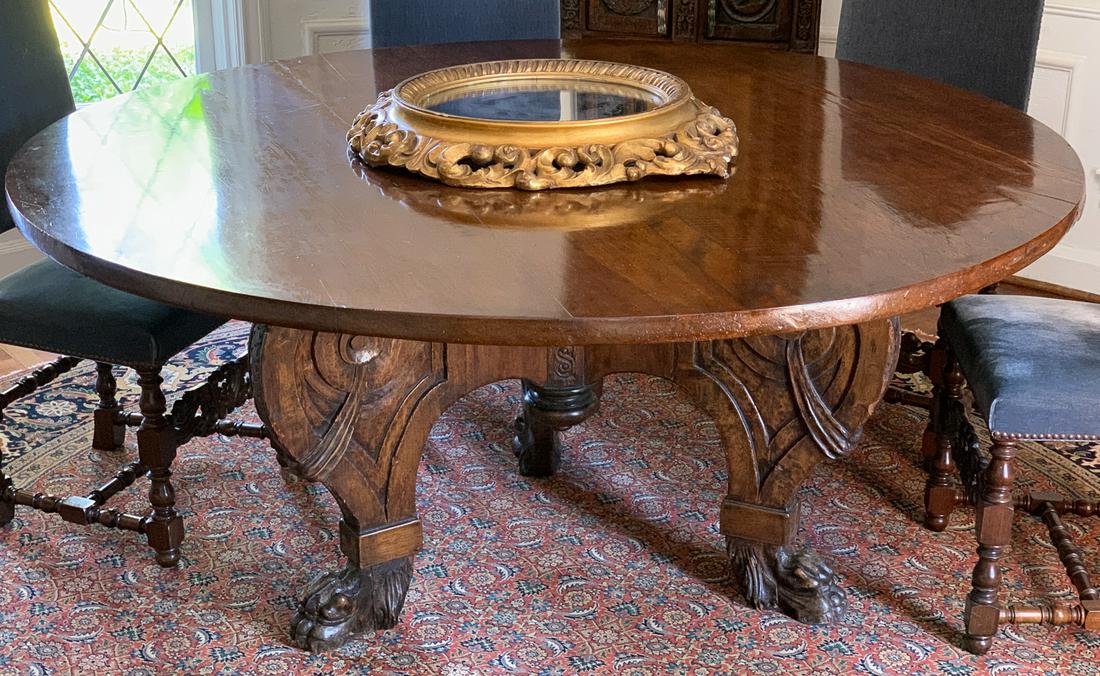 19th Century Dining Or Center Table: Wonderful Patina On Carved Pedestal Base. Recently Polished And Good Condition Commensurate With Age. 30.5h x 68.5w