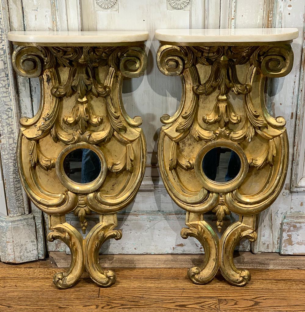 19th Century Pair Of Italian Wall Brackets: With Small Mirror. Could Be Used As Petite Console Tables. Each 17.25w X 6.25d X 35h