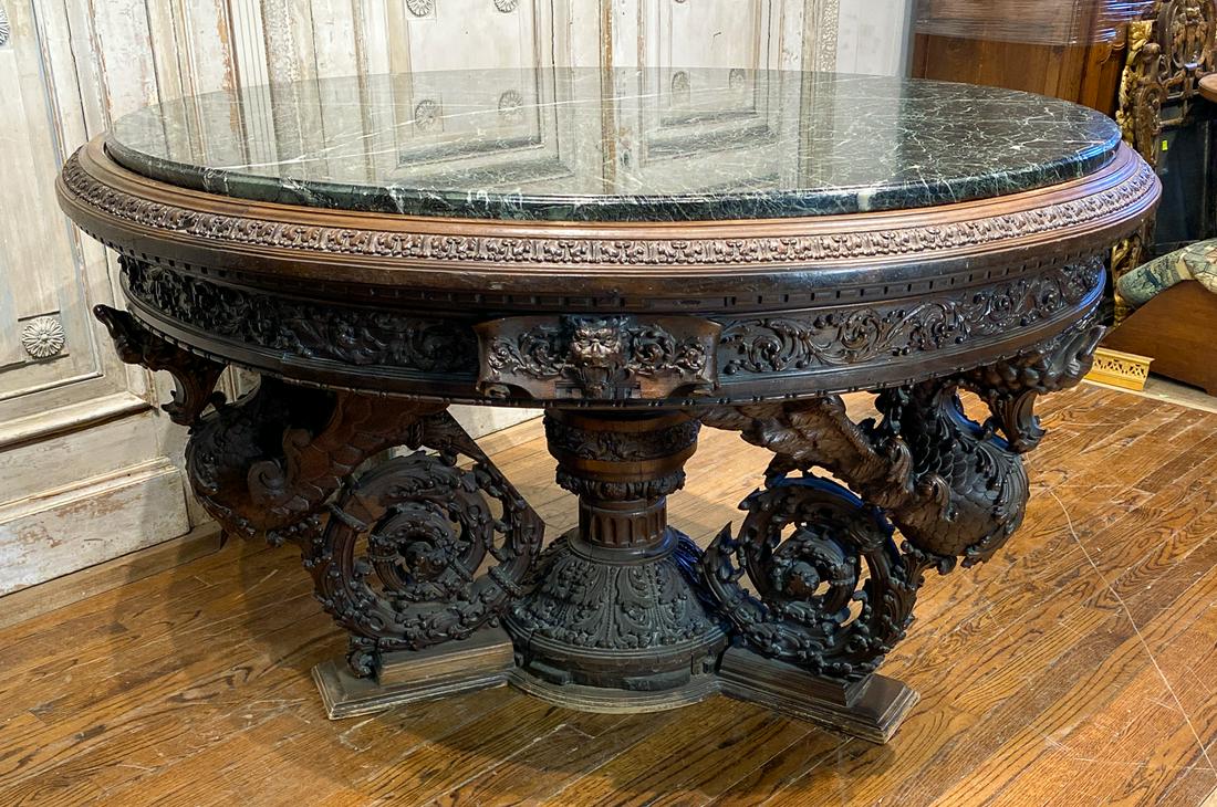 Massive Heavily Carved Continental Center Table: Fine Winged Carvings And Verde Marble Top, C. 1870 59x34. Please View Photos For Additional Condtion.