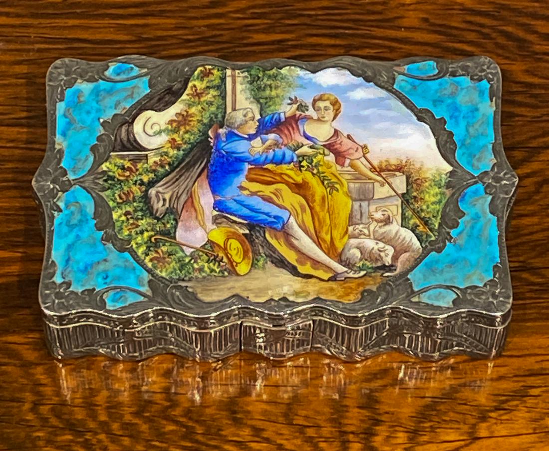 800 Silver And Enamel Powder Box: With Lipstick Or Rouge Compartment. 3 3/4 Wide.