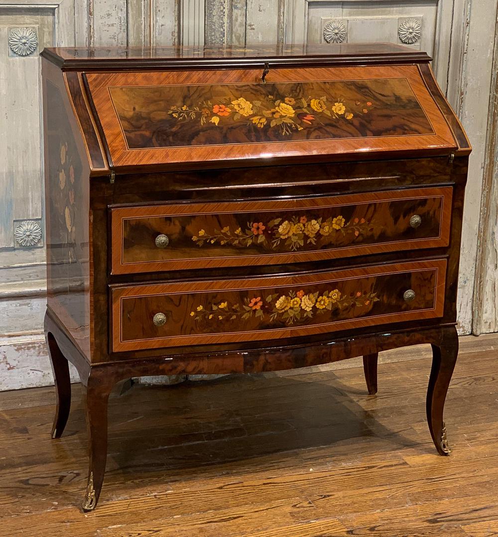 Inlaid Bureau Desk: 20th Century With Detailed Floral Inlays And High Polished Finish. 36w X 17d X 38.5h. See Photos For Condition And Crack On Top.