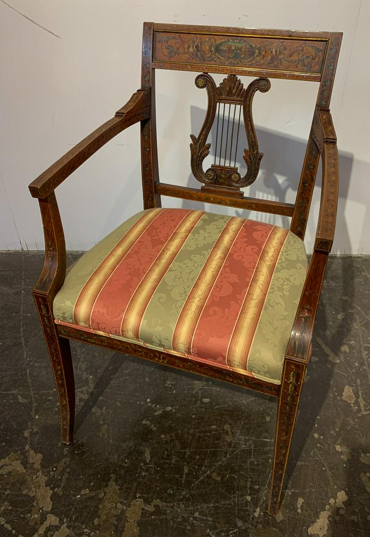 19th C. English Adams Painted Armchair: With Harp Back. Wear Commensurate With Age. 23w X 18d X 36h