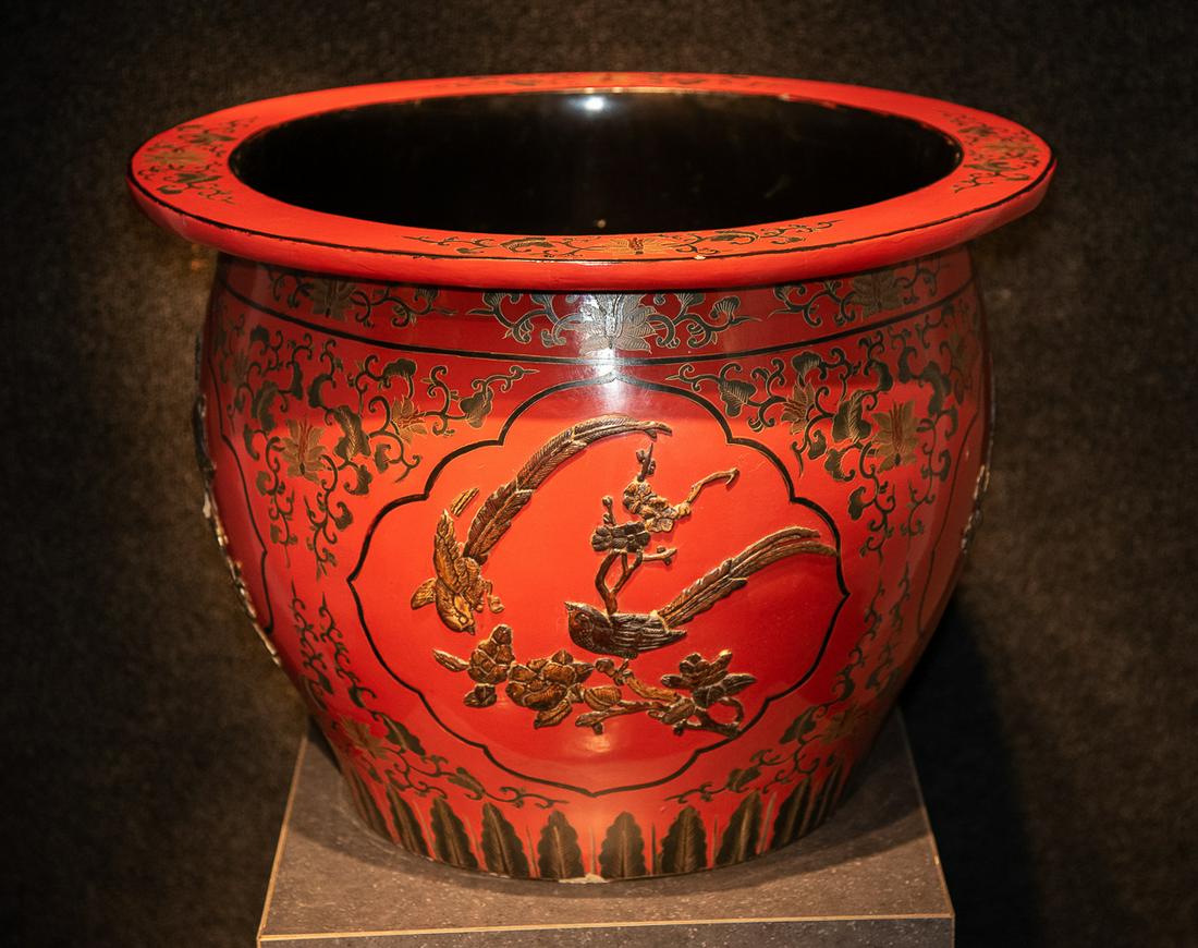 A Large Chinese Red Lacquer Wooden Planter: Some Birds Have Been Reglued As Evident In Photos. Some Loss To Some Applique Pieces. 24 Wide X 17 High. Interior 18.5 Dia. 42804
