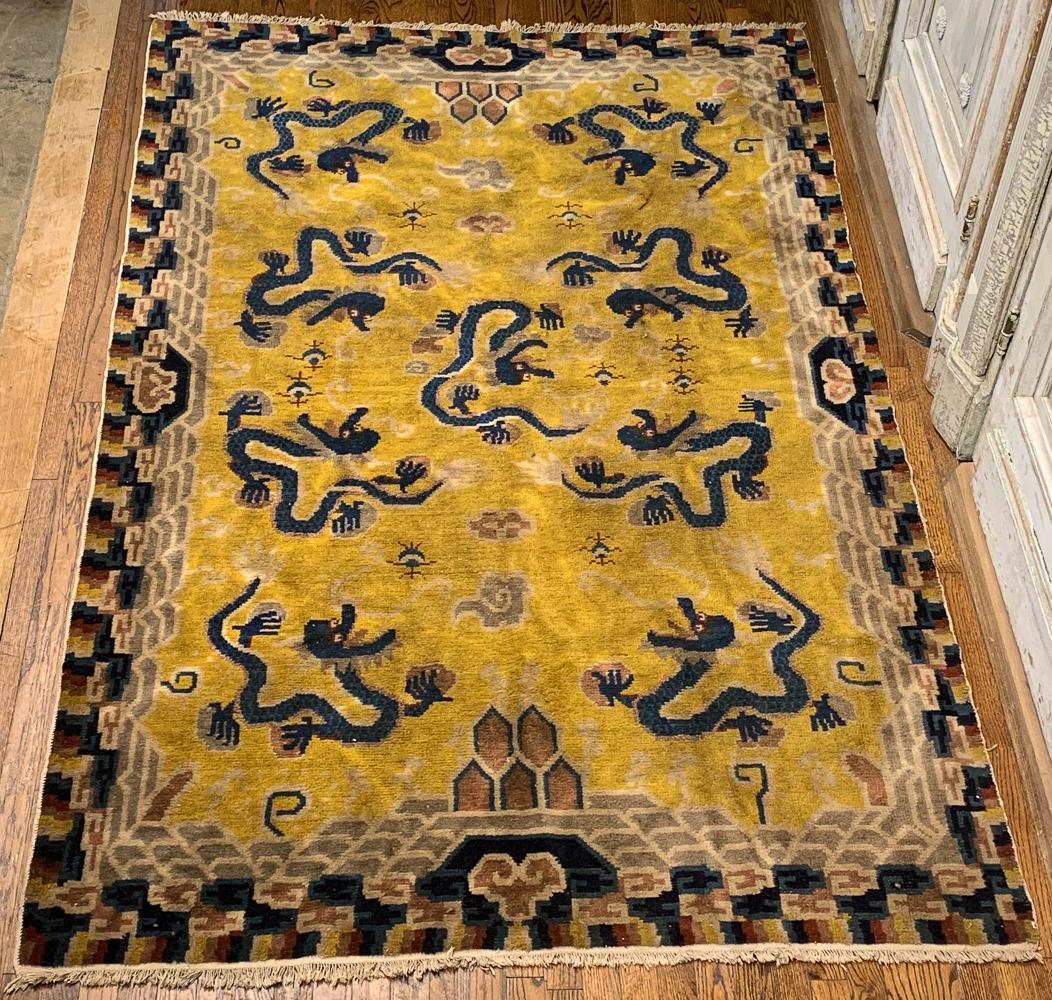 Oriental Area Rug With Yellow Ground & 9 Dragons: 61w X 95d. Cleaning Is Always Recommended. See Photos For Marks And Condition.