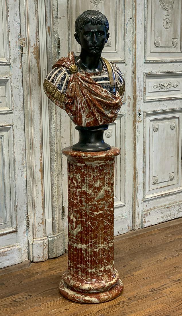 Italian Bust Of Roman Nobleman By Paolo Marioni: 20th Century Bust And Pedestal In Faux Bronze And Faux Marble. Both the Bust and Pedestal are Hollow. The Faux Marble Has an Enamel-Like Finish, But is Likely a Ceramic Or Epoxy Glaze Over Faux Bronze