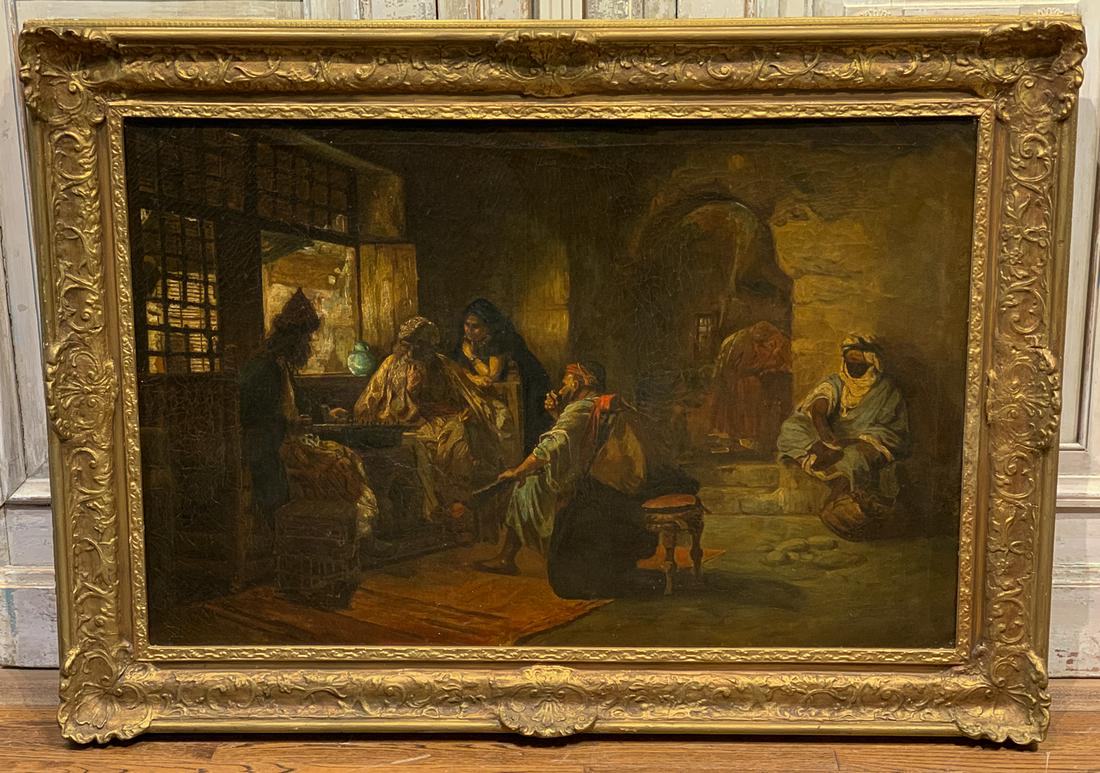 19th Century Oil Painting, An Interesting Game of Chess: Oil on Canvas In the Manner of Frederick Arthur Bridgman's (F.A. Bridgman) painting titled "An Interesting Game of Chess"; oil on canvas. Stamped The Museum Of The Brooklyn Institute Of Arts And Scien