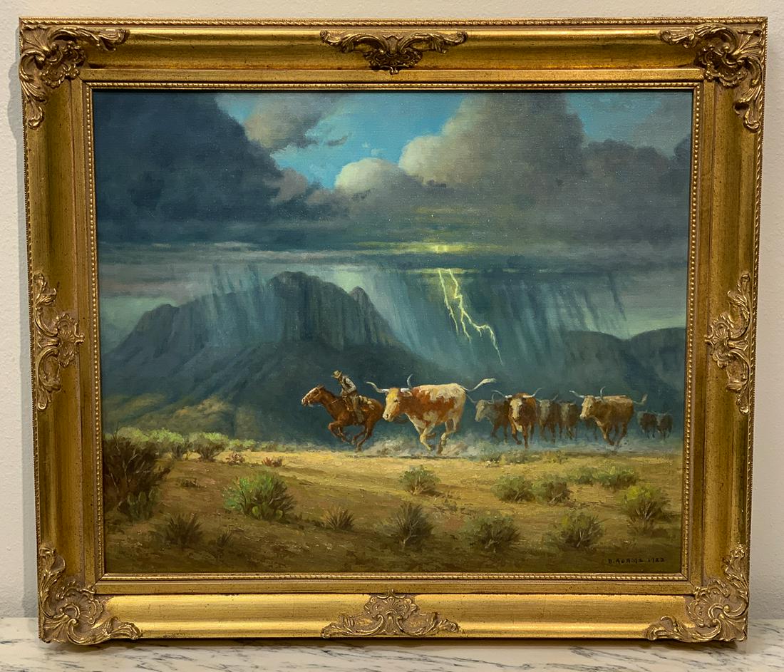 Signed Oil On Canvas Of Cattle Drive, B. Adams: 20th Century Painting Of Cattle Drive During Storm. Signed Lower Right B. Adams 1982. 29w X 25h With Frame. 23.5w X 19.5h Sight. See Photos For Condition Commensurate With Age.