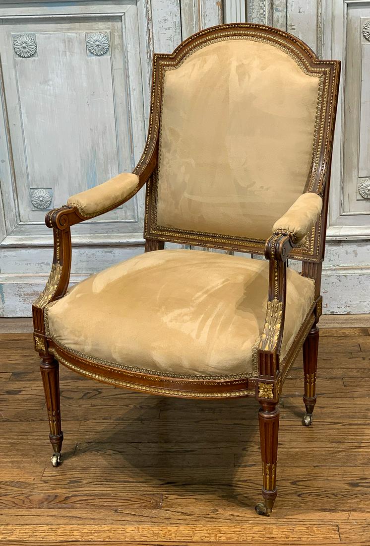 French Parcel Gilt Armchair: 20th Century With Microsuede Upholstery. 24w X 41h X 27.5d. One Arm Has Excellent Repair. Structurally Sound.