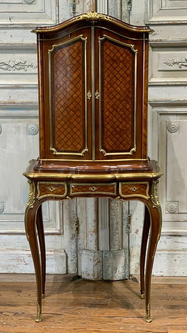 Fine French Parquetry Cabinet, Manner Of Linke: With Gilt Bronze Mounts, In The Manner Of Linke. 28w X 15.5d X 63h. Early 20c. Very Good Condition.