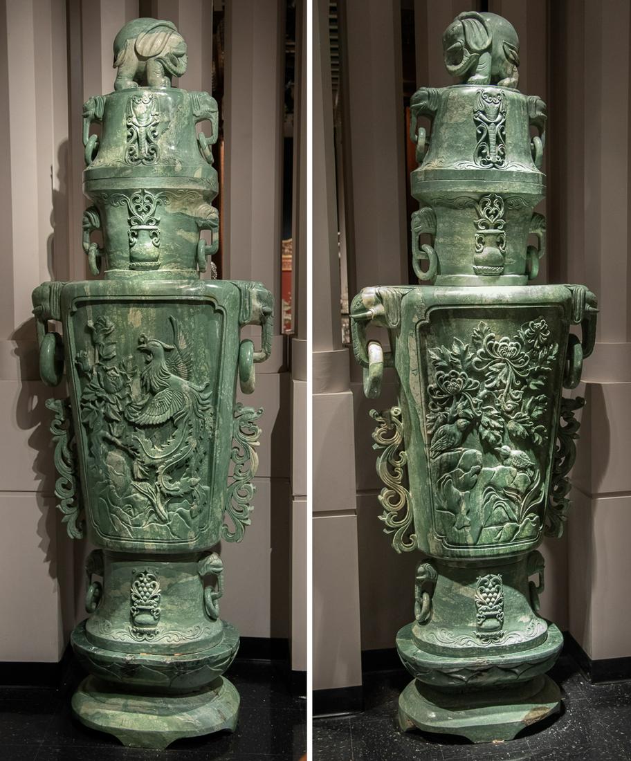Extraordinary Pair Of Massive Jadeite Vases: Rare And Large Pair Of Chinese Carved Serpentine Jadeite Covered Vases. Very Heavy; Each In 3 Pieces. Appointment Required For Professional Movers With Of Buyer's Choosing To Remove From The Auction S