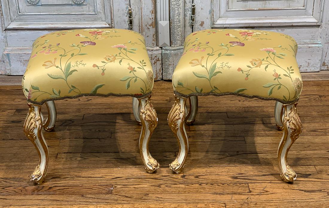 Pair Of Italian Parcel Gilt Footstools: With Custom Upholstery, See See Price Tag Still Affixed From Original Purchase. 20c. 18w X 16d X 18.5h. Very Good Condition.